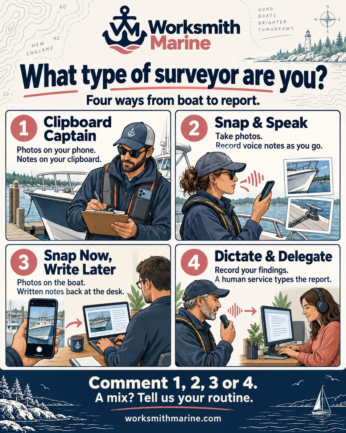 What type of surveyor are you? Four ways from boat to report: 1 Clipboard Captain, 2 Snap and Speak, 3 Snap Now Write Later, 4 Dictate and Delegate